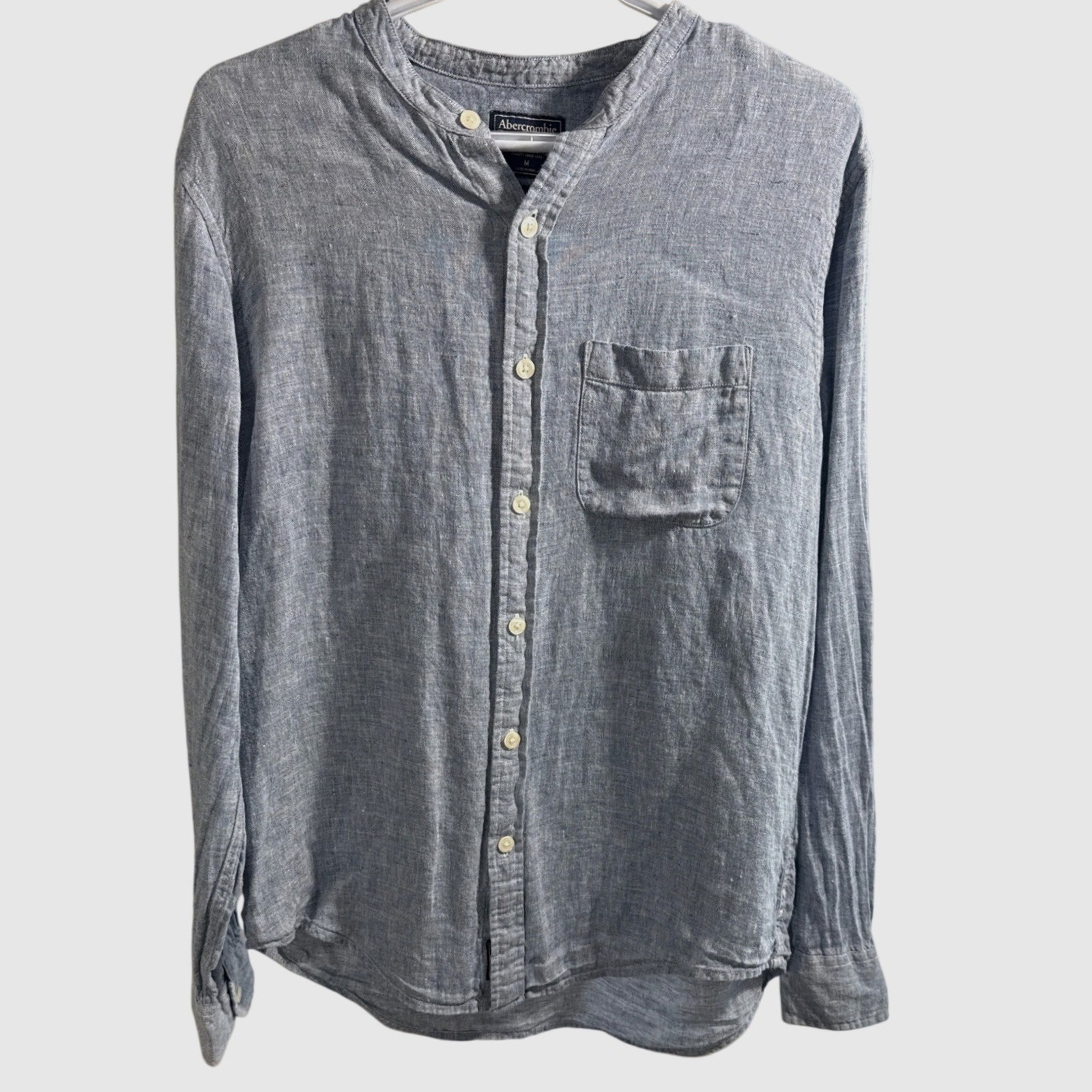 Abercrombie & Fitch Women Blue 100% Linen Band Collar Button Down Shirt Size M